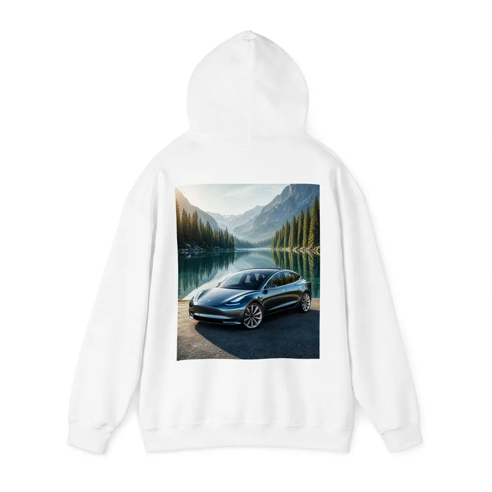 Tesla Model 3 Parked By Mountain Lake – Hoodies