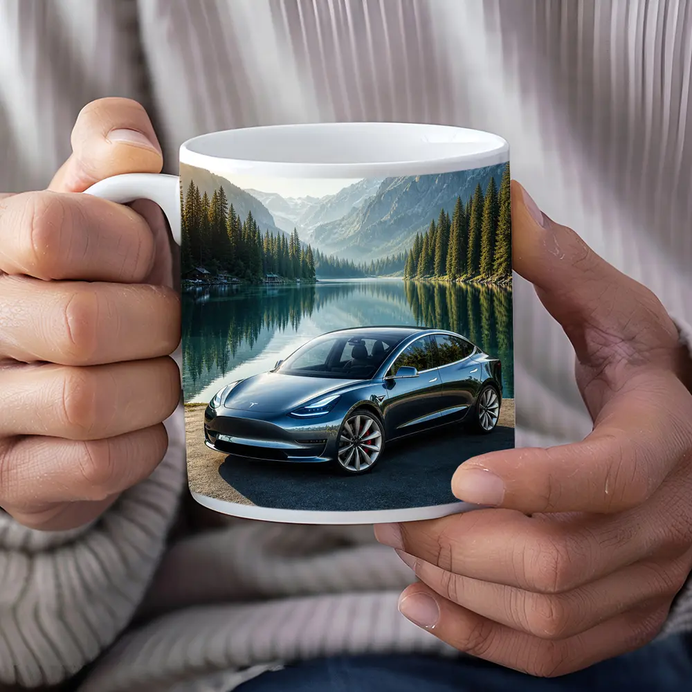 Tesla Model 3 Parked By Mountain Lake – Mugs