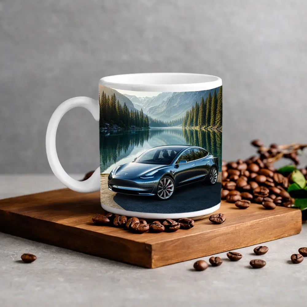 Tesla Model 3 Parked By Mountain Lake – Mugs