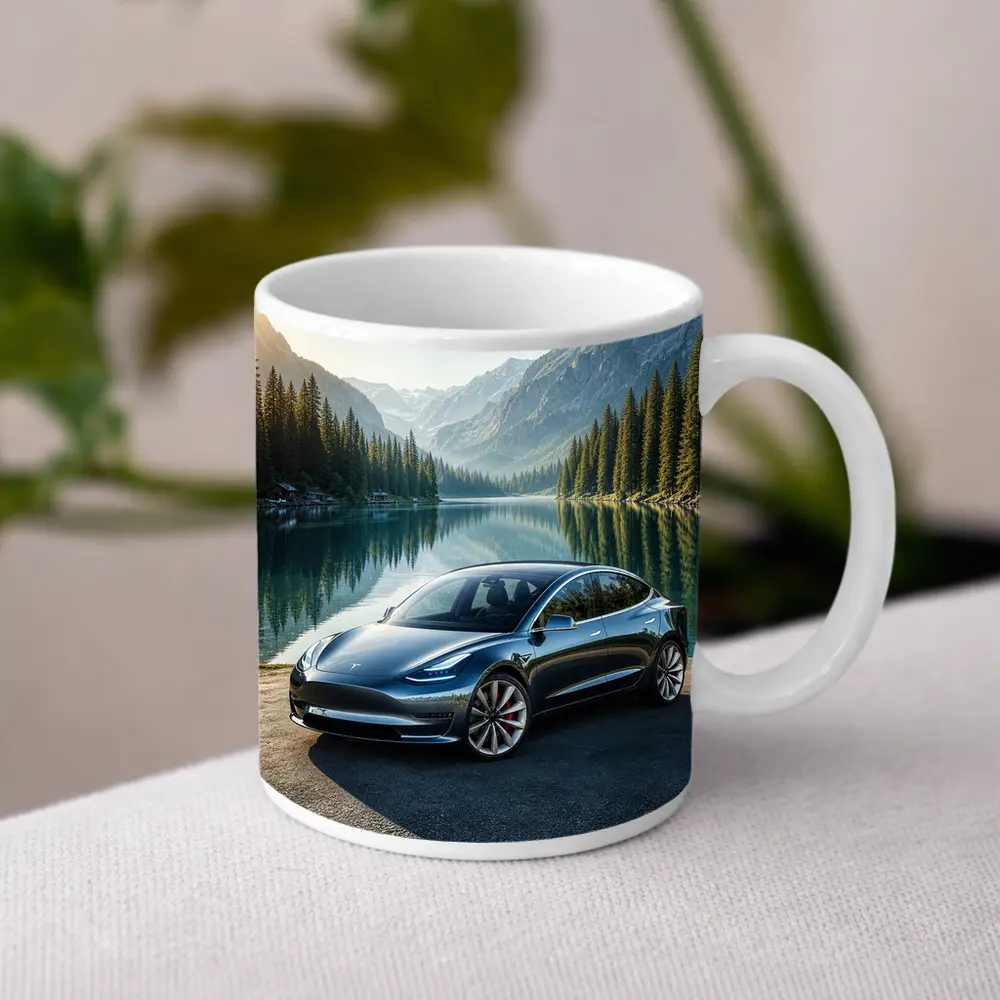 Tesla Model 3 Parked By Mountain Lake – Mugs