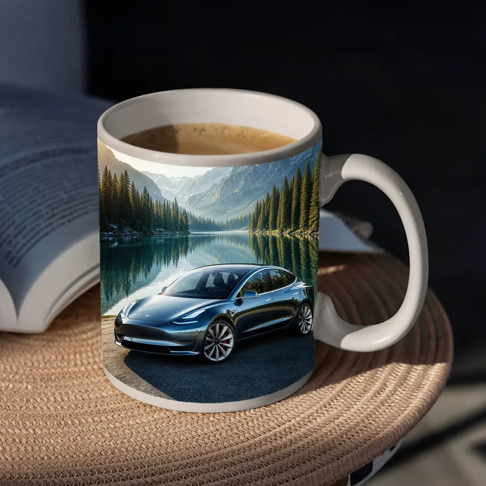 Tesla Model 3 Parked By Mountain Lake – Mugs