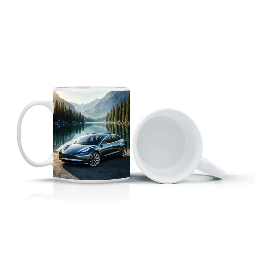 Tesla Model 3 Parked By Mountain Lake – Mugs