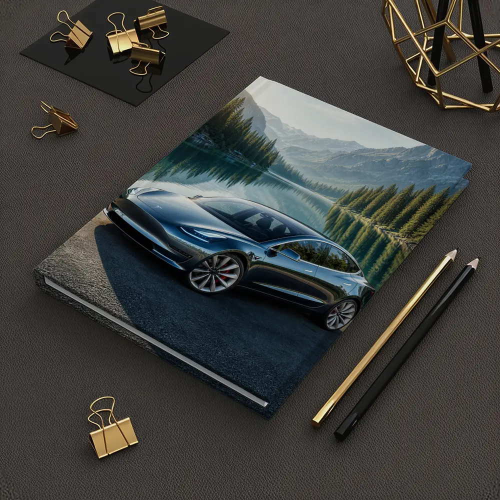 Tesla Model 3 Parked By Mountain Lake – Notebooks