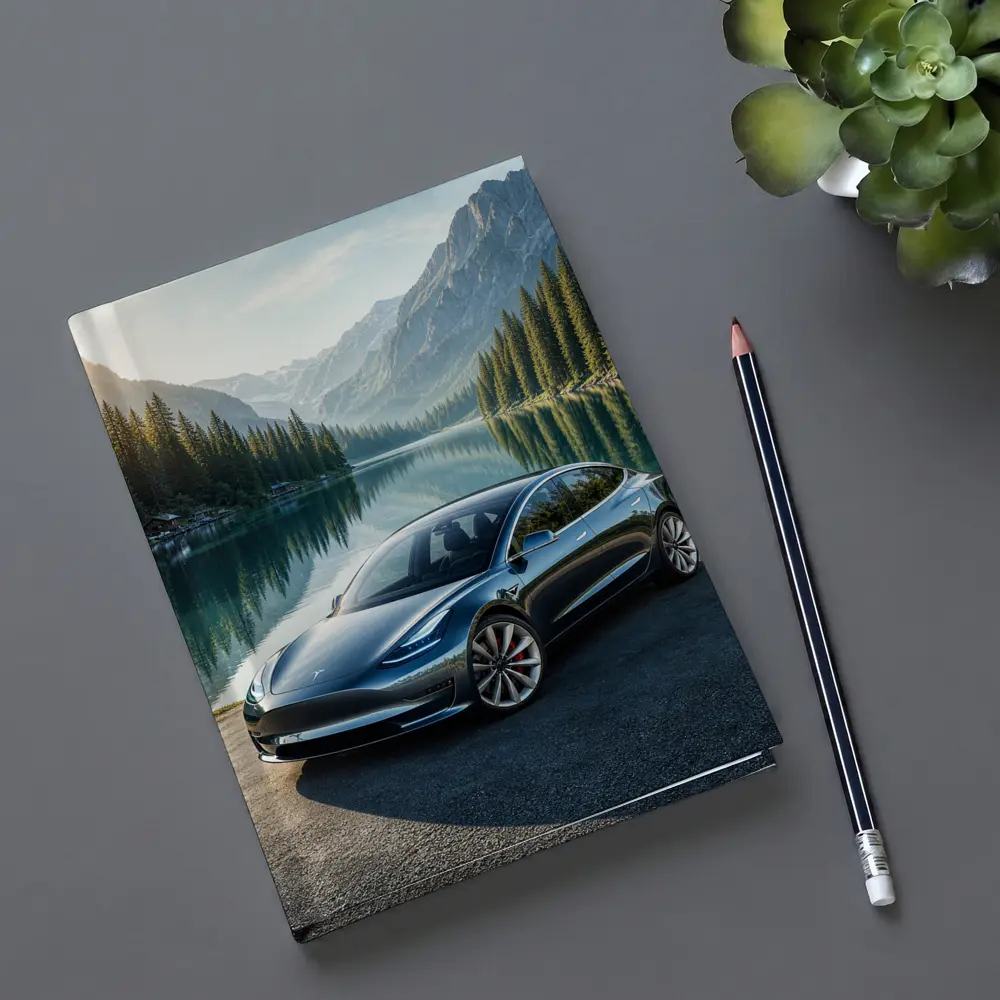 Tesla Model 3 Parked By Mountain Lake – Notebooks
