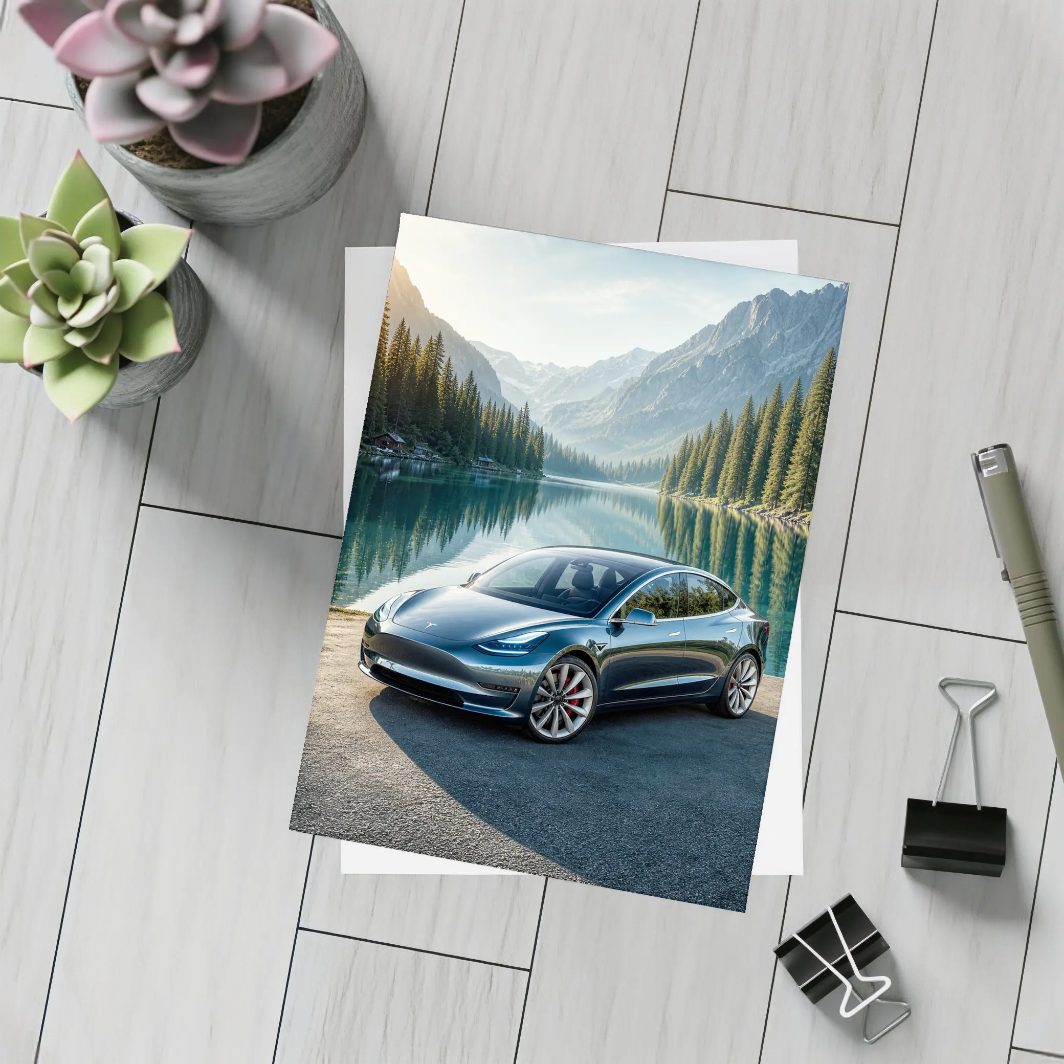 Tesla Model 3 Parked By Mountain Lake – Postcards