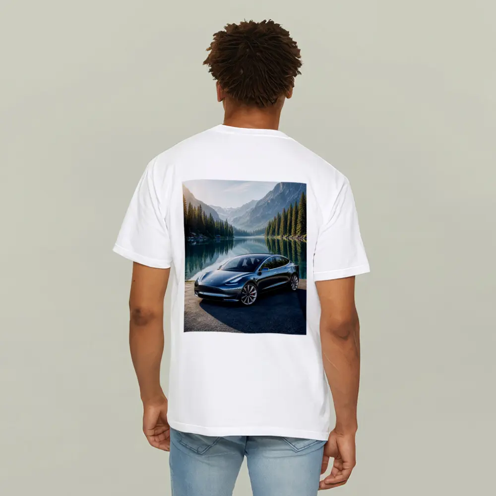 Tesla Model 3 Parked By Mountain Lake – T-Shirts