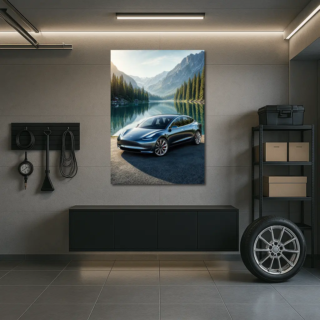 Tesla Model 3 Parked By Mountain Lake – Wall Art