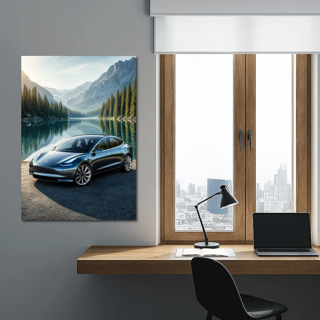 Tesla Model 3 Parked By Mountain Lake – Wall Art