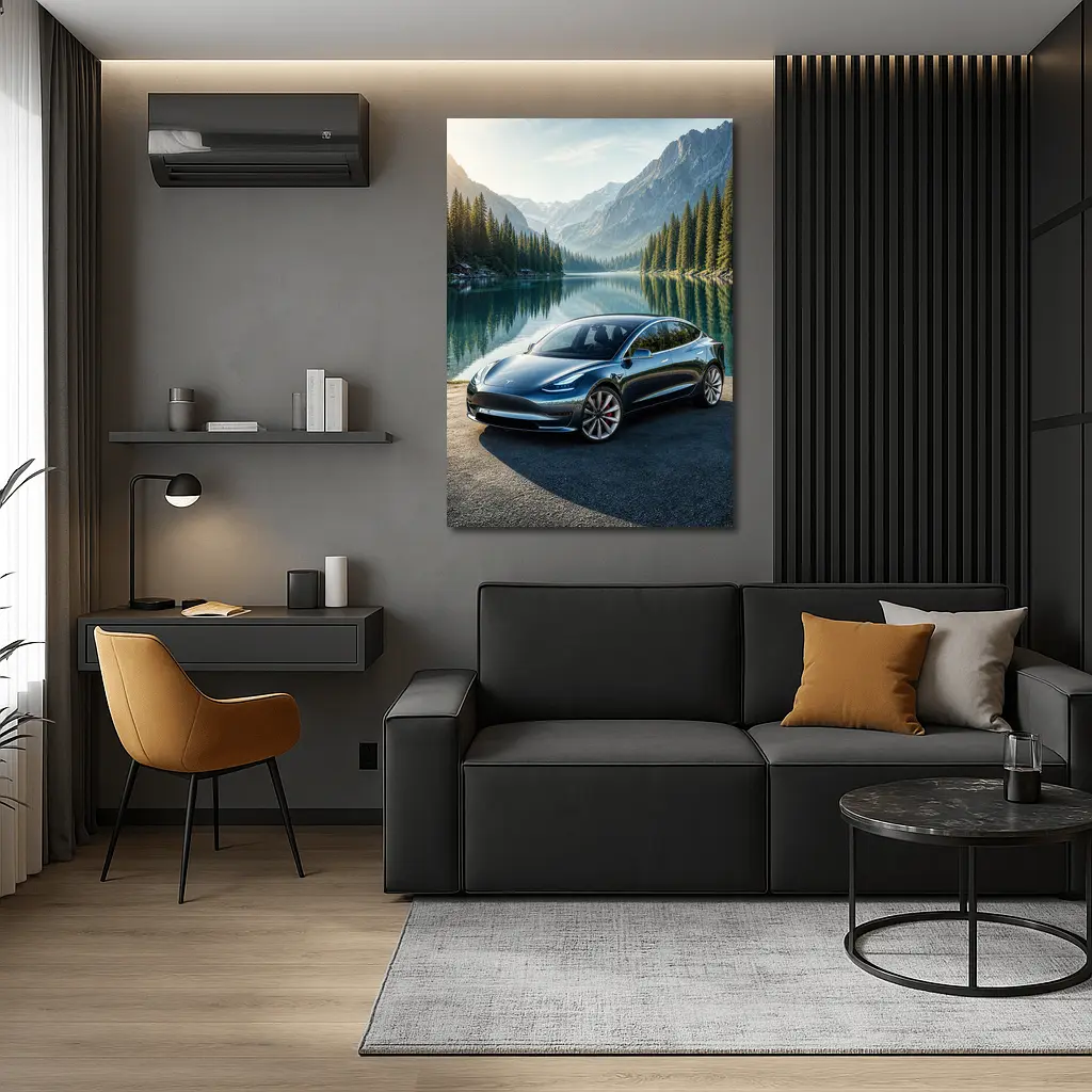 Tesla Model 3 Parked By Mountain Lake – Wall Art