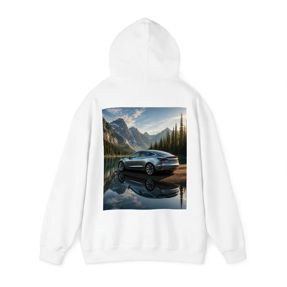 Tesla Model 3 Parked By Mountain Lake – Hoodies
