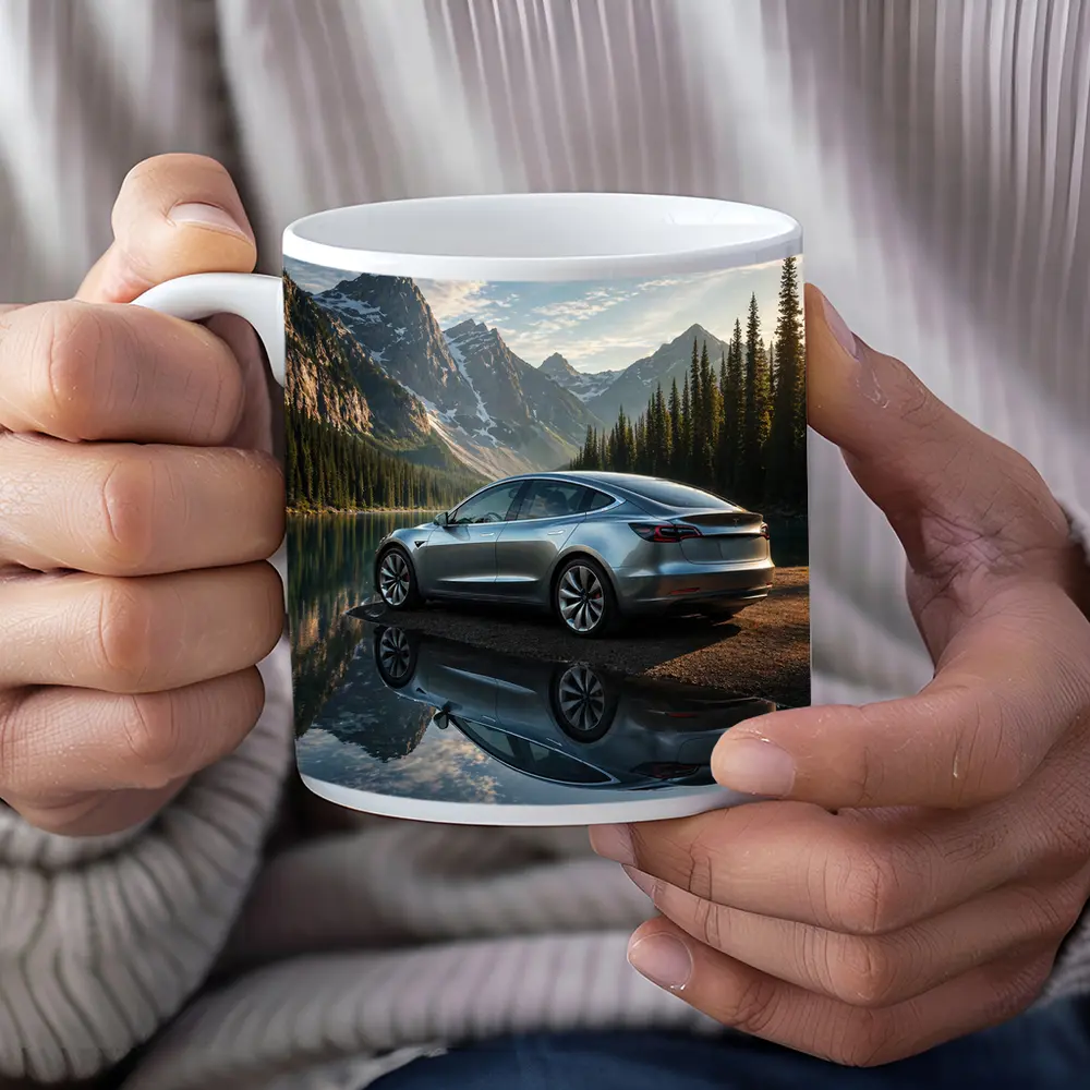 Tesla Model 3 Parked By Mountain Lake – Mugs