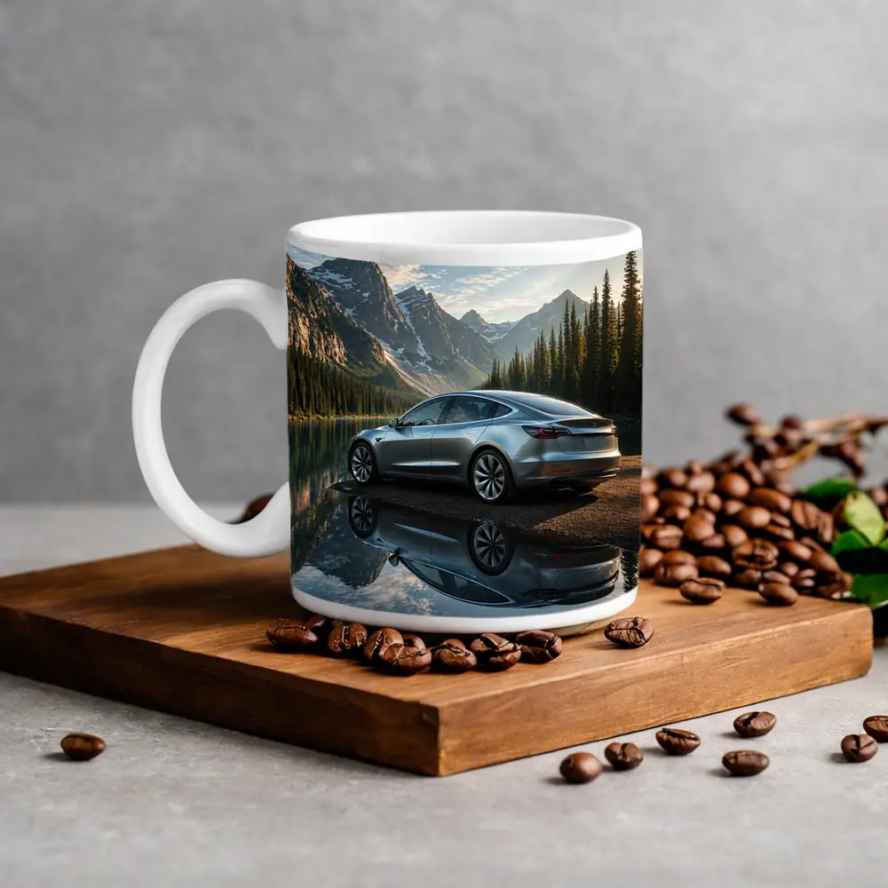Tesla Model 3 Parked By Mountain Lake – Mugs