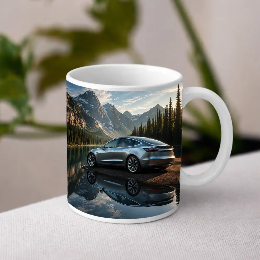 Tesla Model 3 Parked By Mountain Lake – Mugs