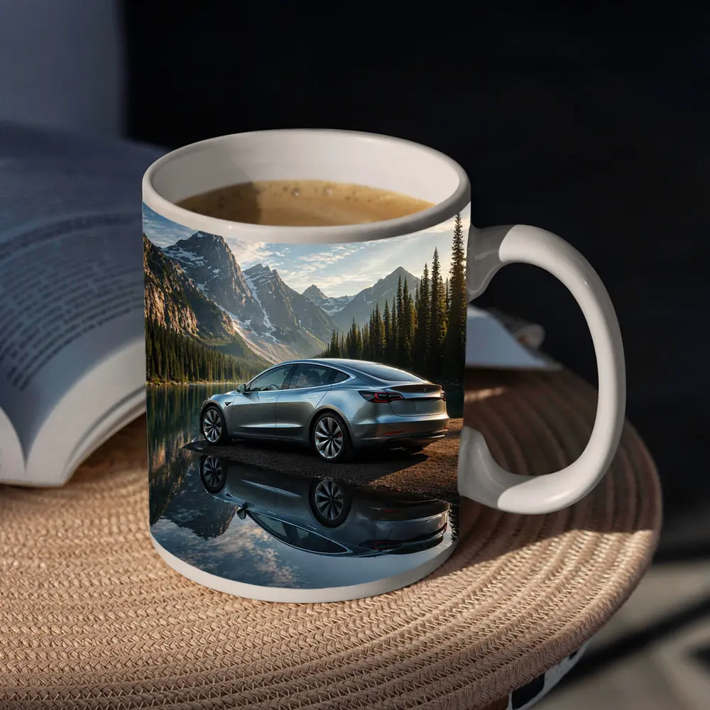 Tesla Model 3 Parked By Mountain Lake – Mugs