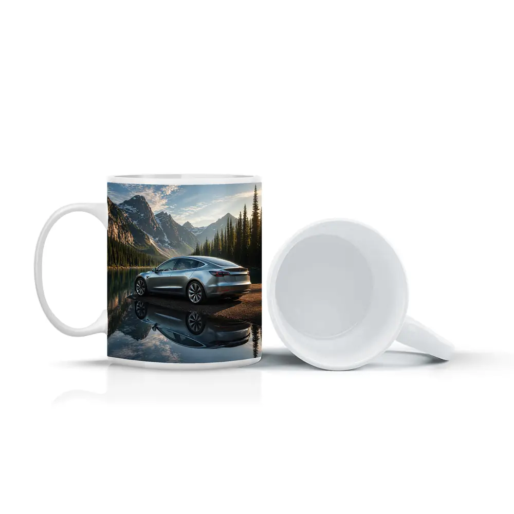Tesla Model 3 Parked By Mountain Lake – Mugs