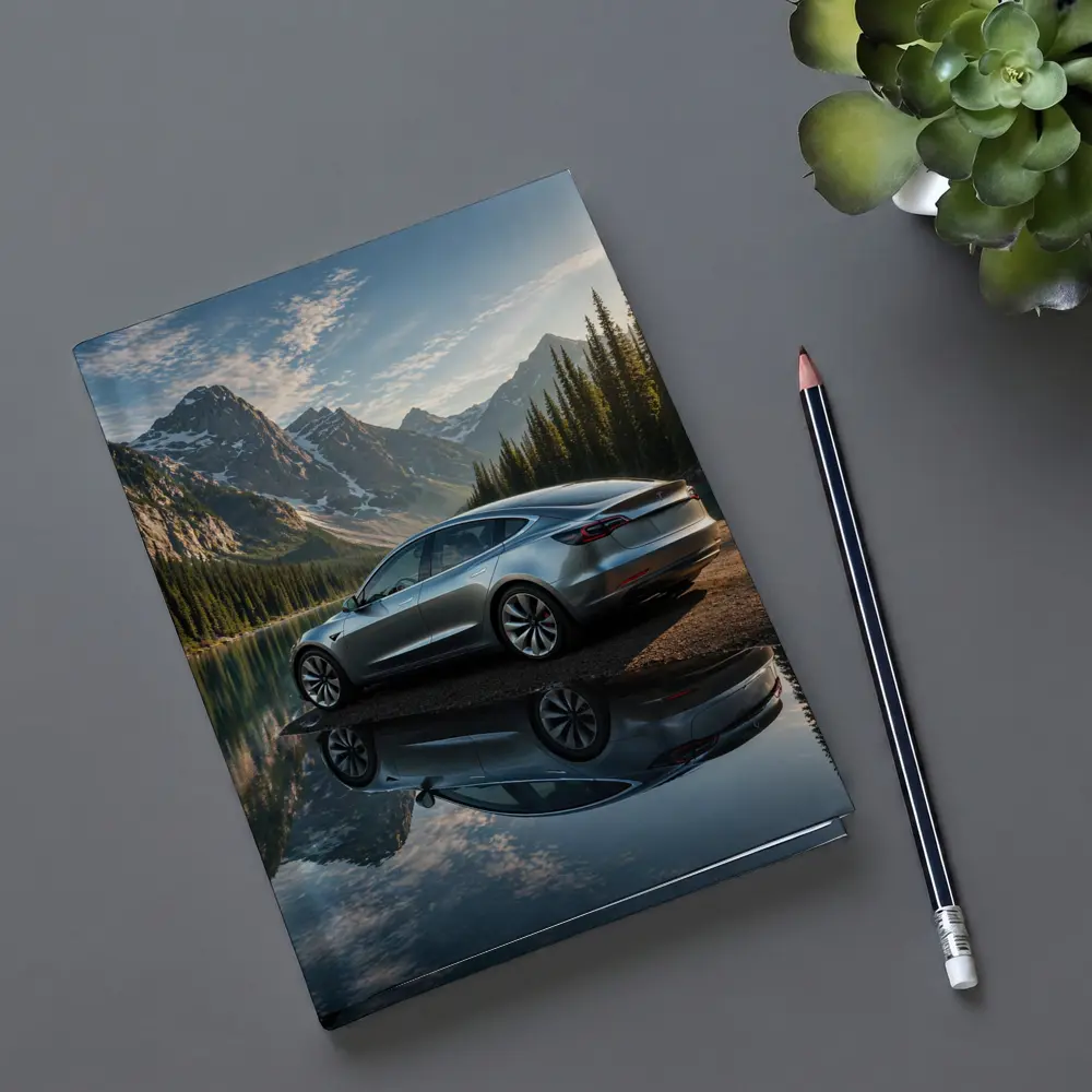 Tesla Model 3 Parked By Mountain Lake – Notebooks