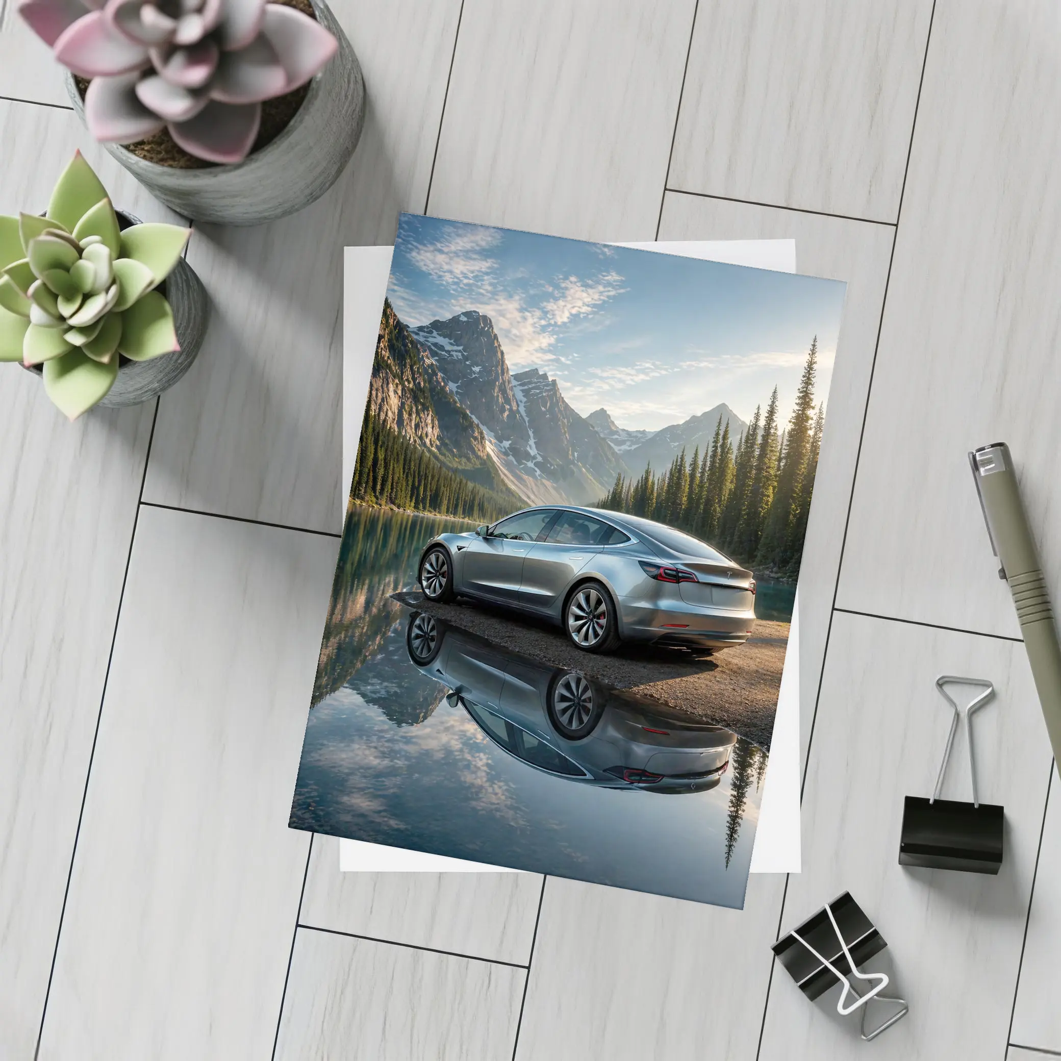 Tesla Model 3 Parked By Mountain Lake – Postcards