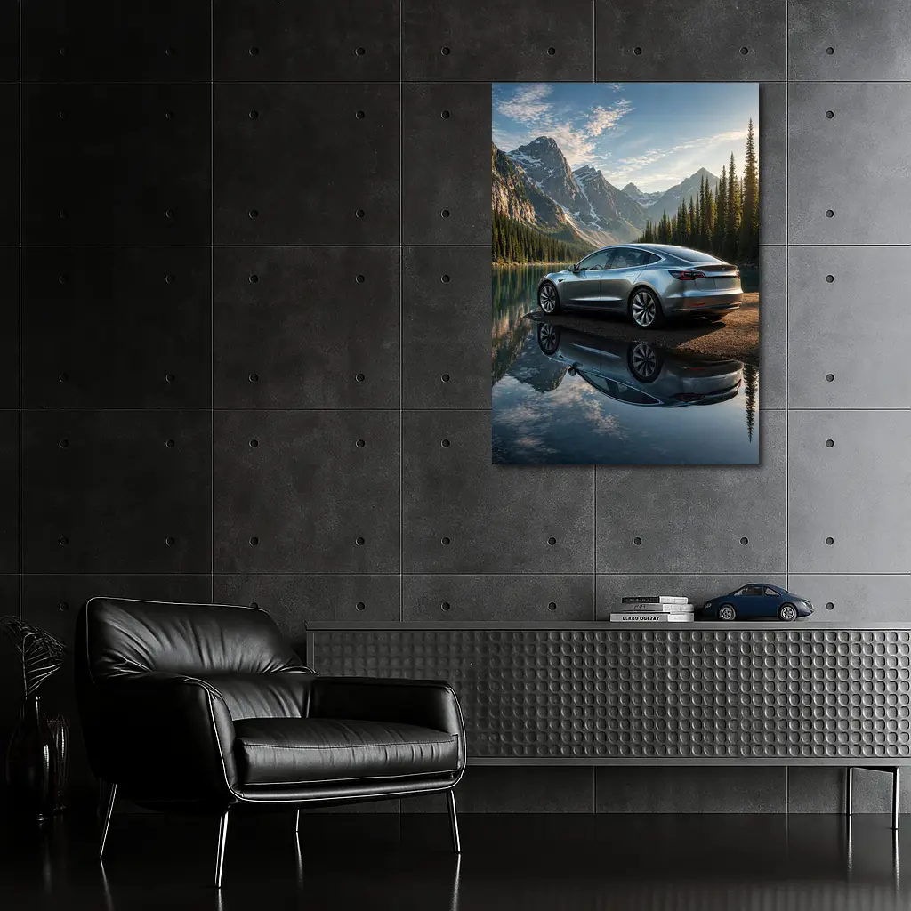 Tesla Model 3 Parked By Mountain Lake – Wall Art