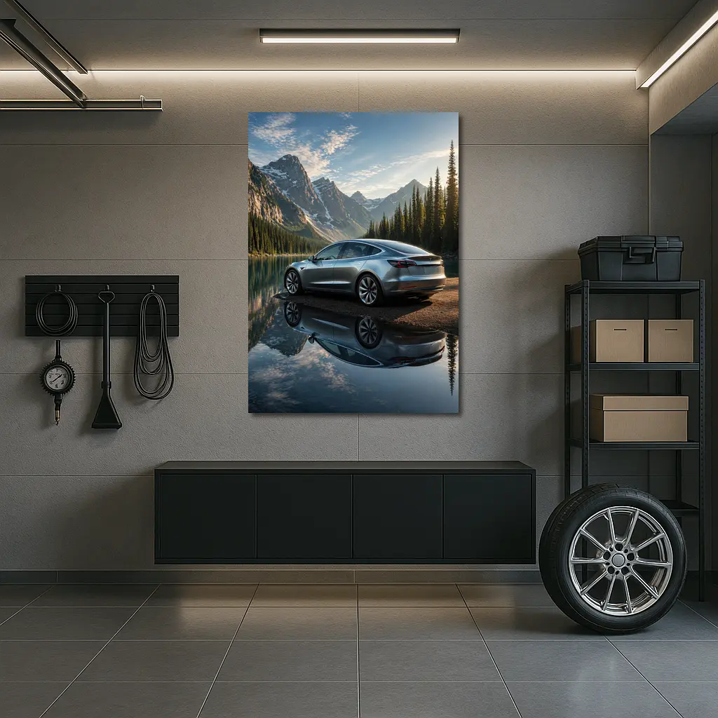 Tesla Model 3 Parked By Mountain Lake – Wall Art