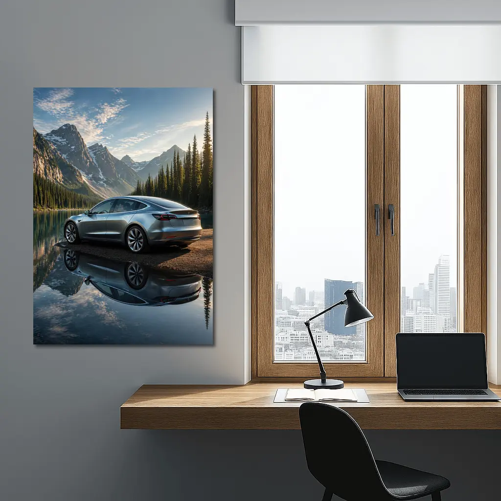 Tesla Model 3 Parked By Mountain Lake – Wall Art