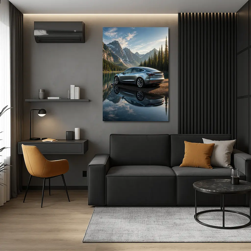 Tesla Model 3 Parked By Mountain Lake – Wall Art