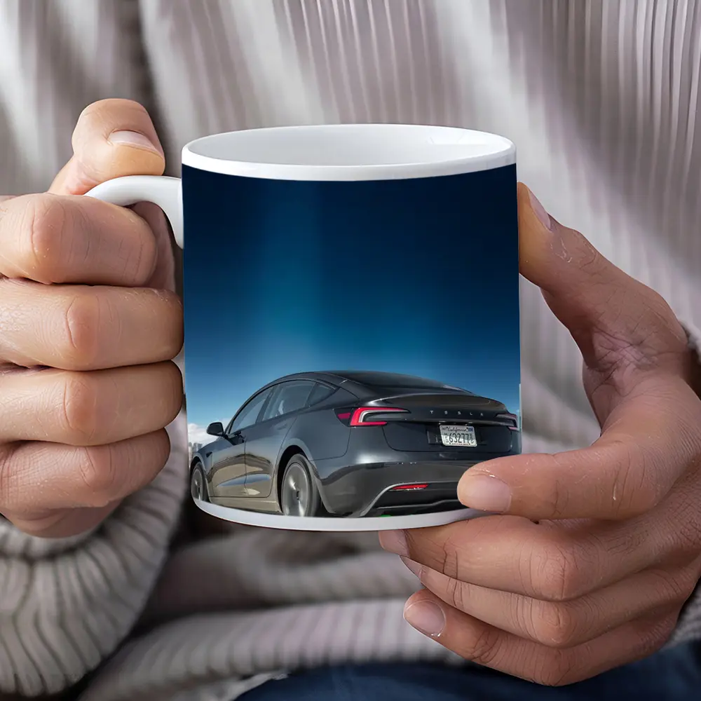 Tesla Model 3 Gray on City Highway – Mugs