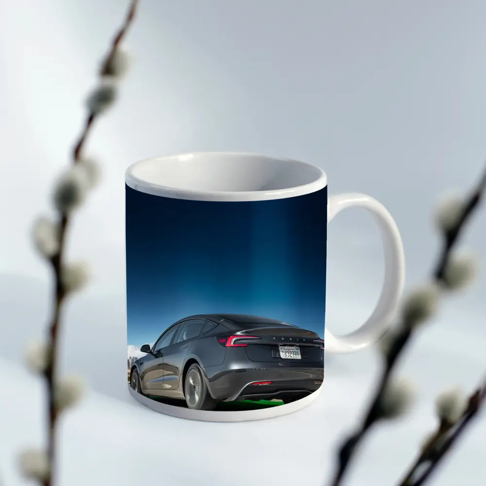 Tesla Model 3 Gray on City Highway – Mugs