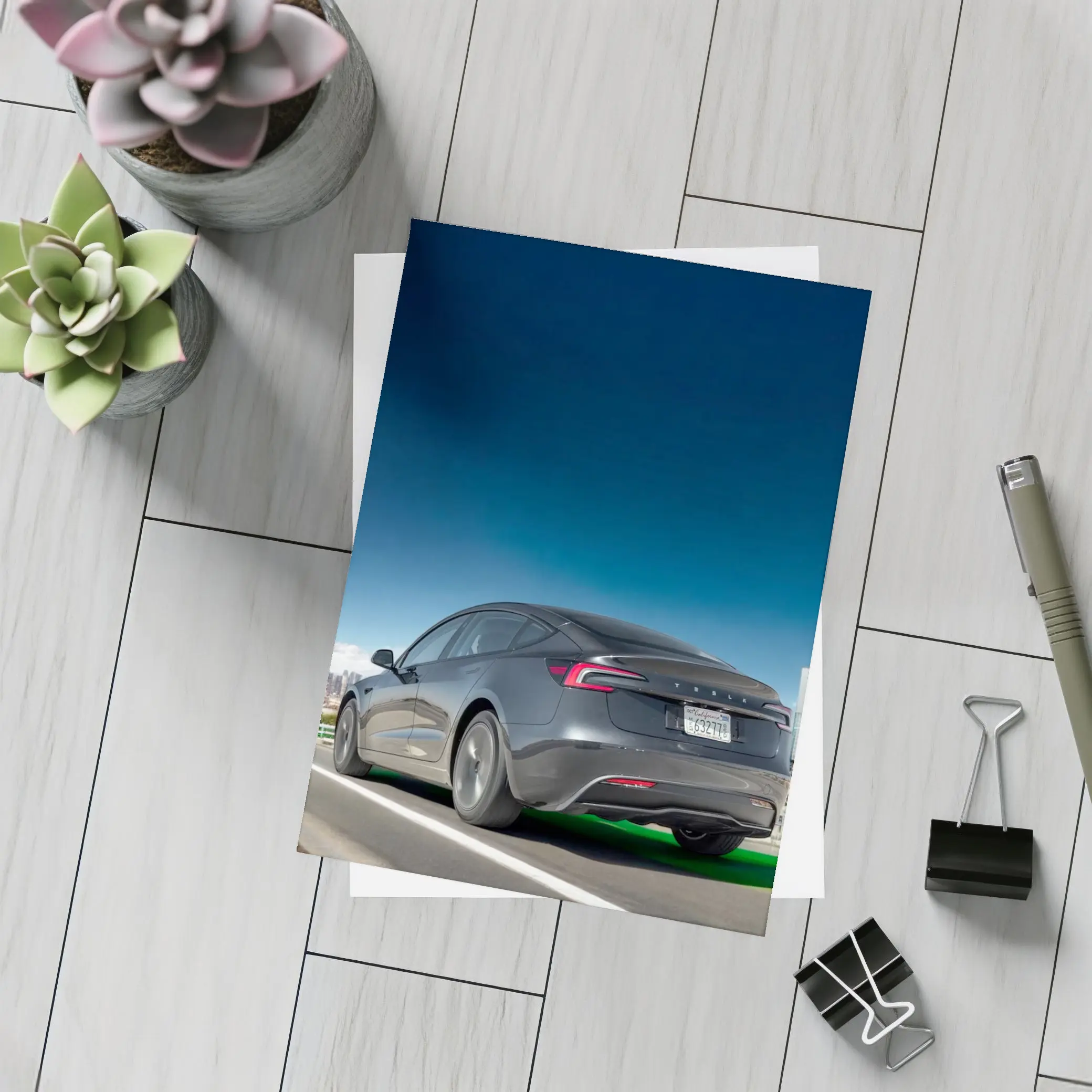 Tesla Model 3 Gray on City Highway – Postcards