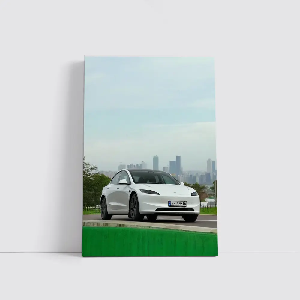 Tesla Model 3 White Car City Skyline – Wall Art
