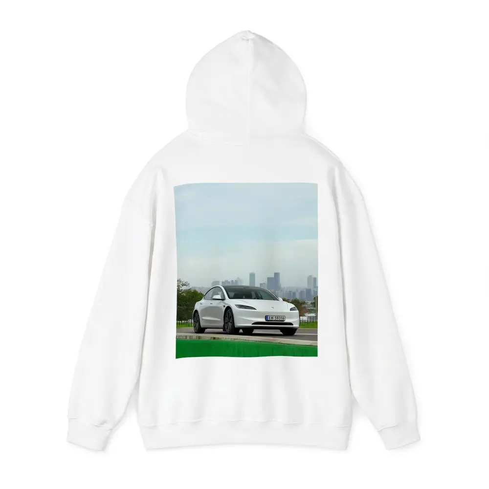 Tesla Model 3 White Car City Skyline – Hoodies