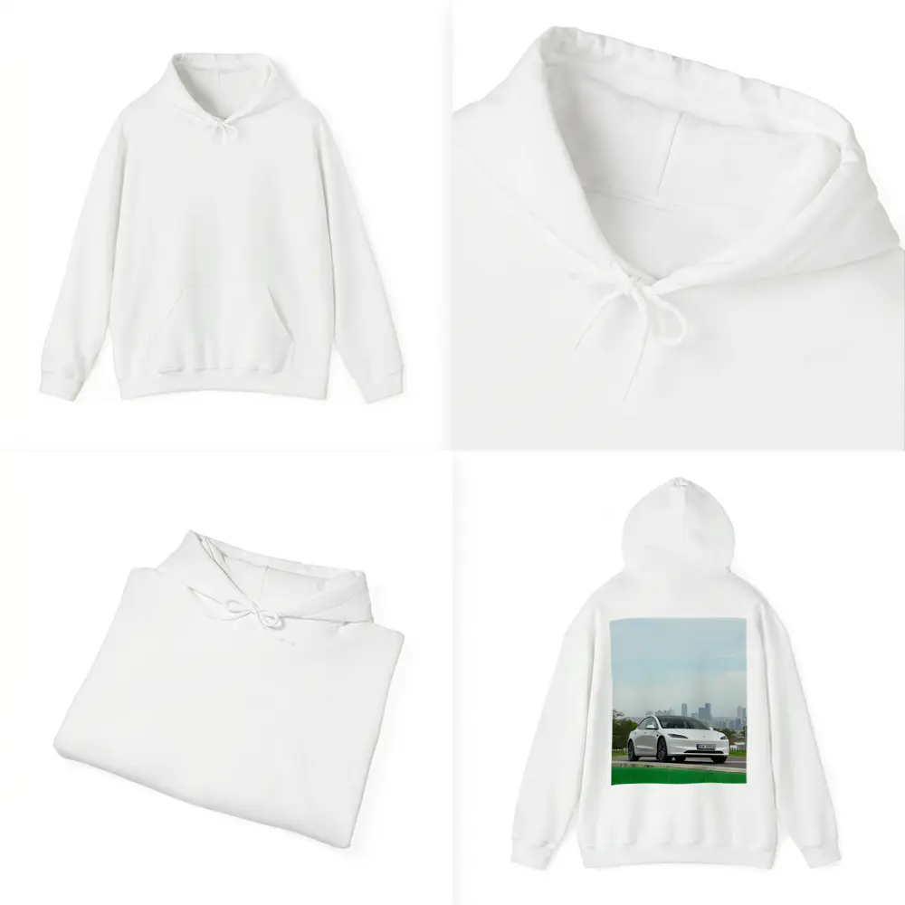 Tesla Model 3 White Car City Skyline – Hoodies