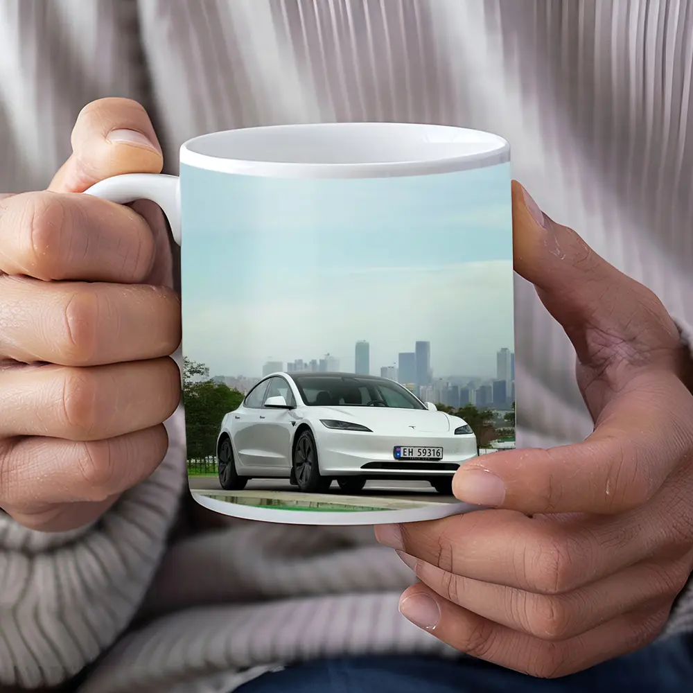 Tesla Model 3 White Car City Skyline – Mugs