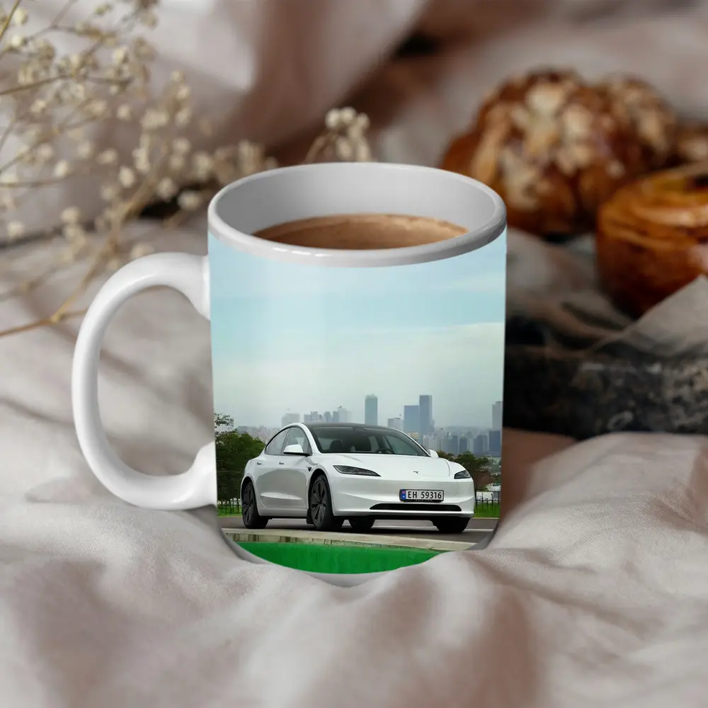 Tesla Model 3 White Car City Skyline – Mugs