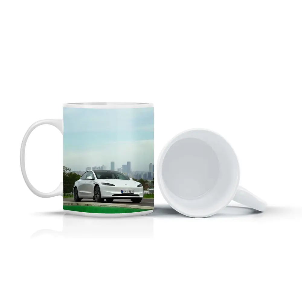 Tesla Model 3 White Car City Skyline – Mugs