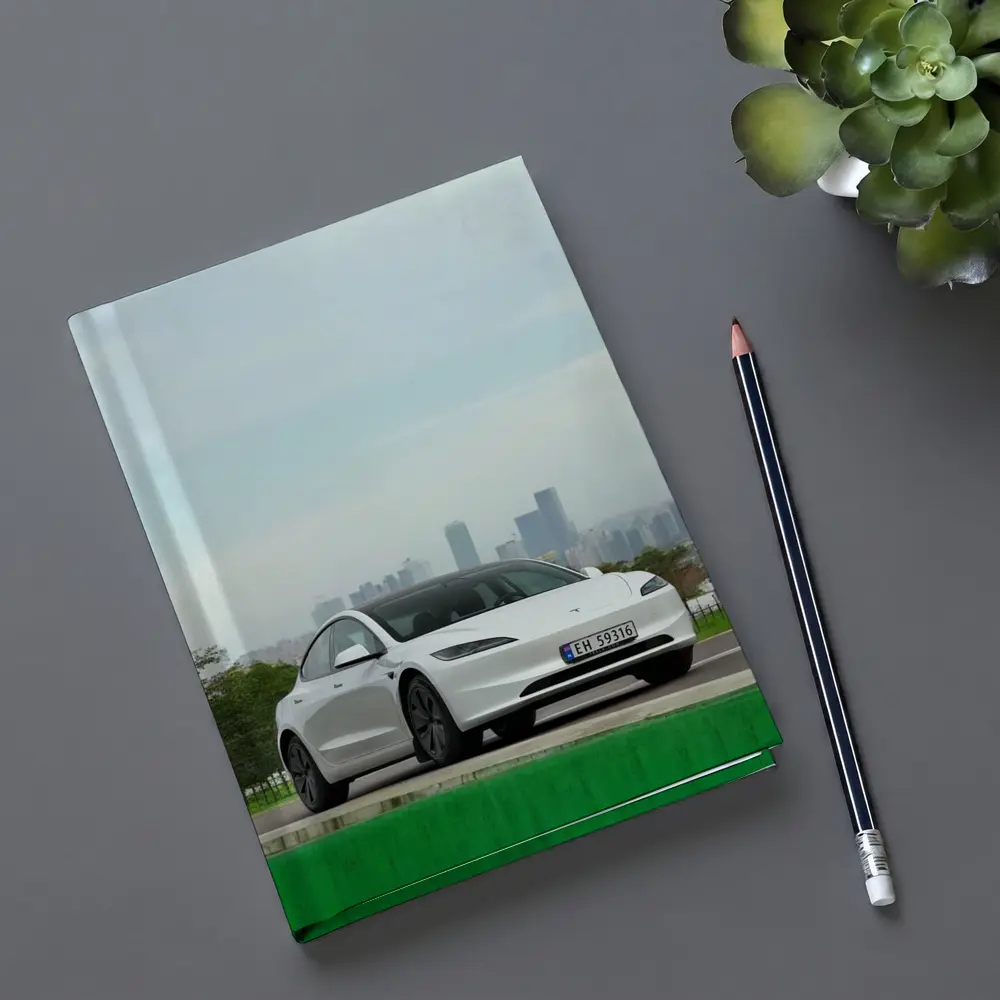 Tesla Model 3 White Car City Skyline – Notebooks