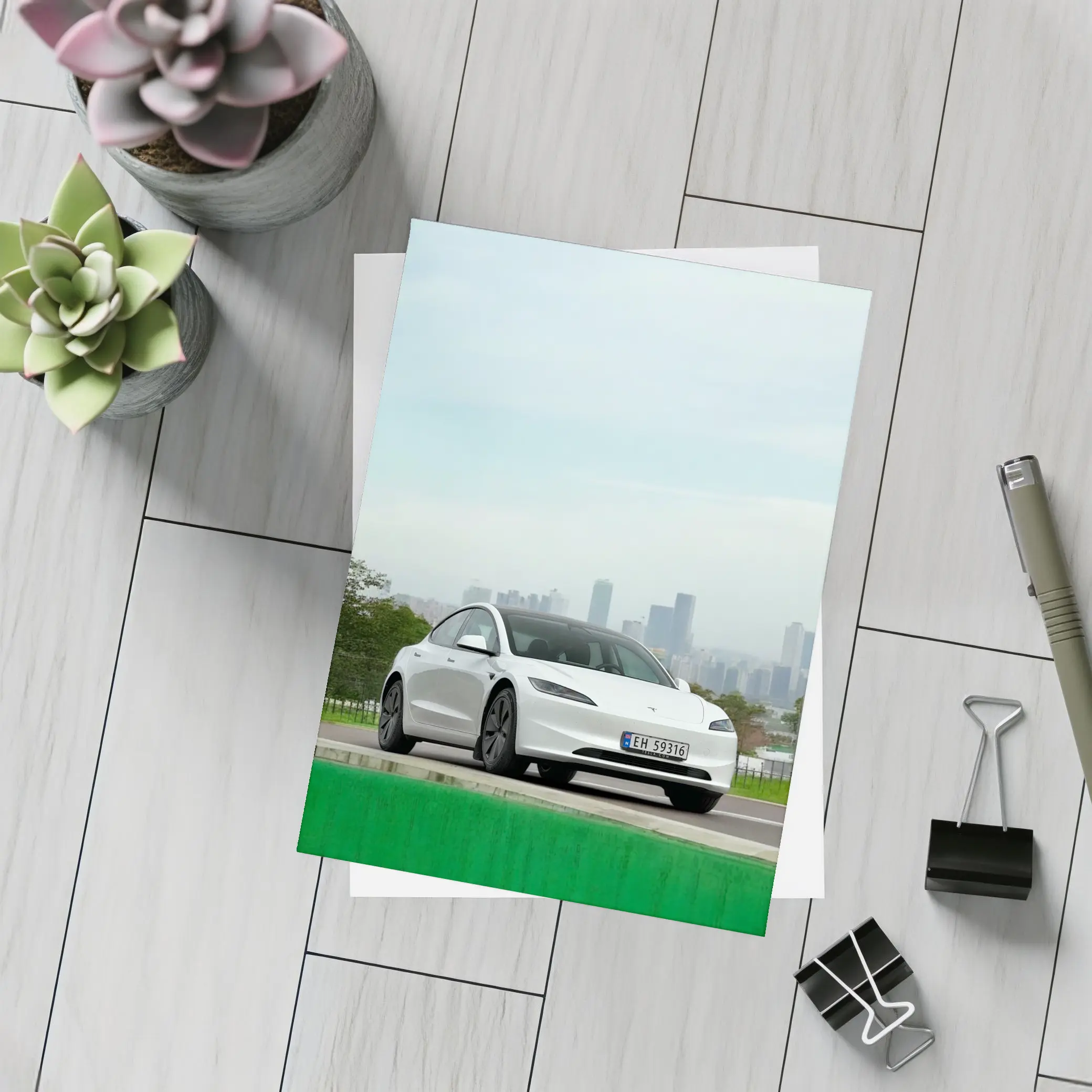 Tesla Model 3 White Car City Skyline – Postcards