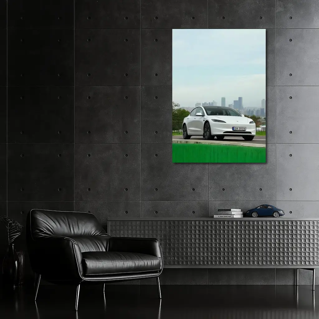 Tesla Model 3 White Car City Skyline – Wall Art