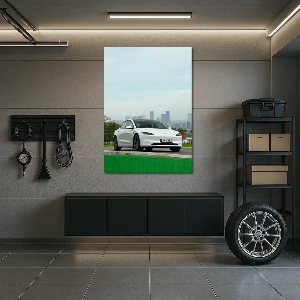 Tesla Model 3 White Car City Skyline – Wall Art