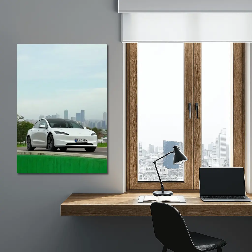 Tesla Model 3 White Car City Skyline – Wall Art