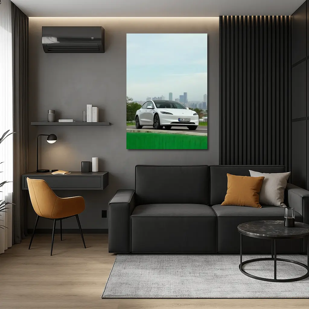 Tesla Model 3 White Car City Skyline – Wall Art