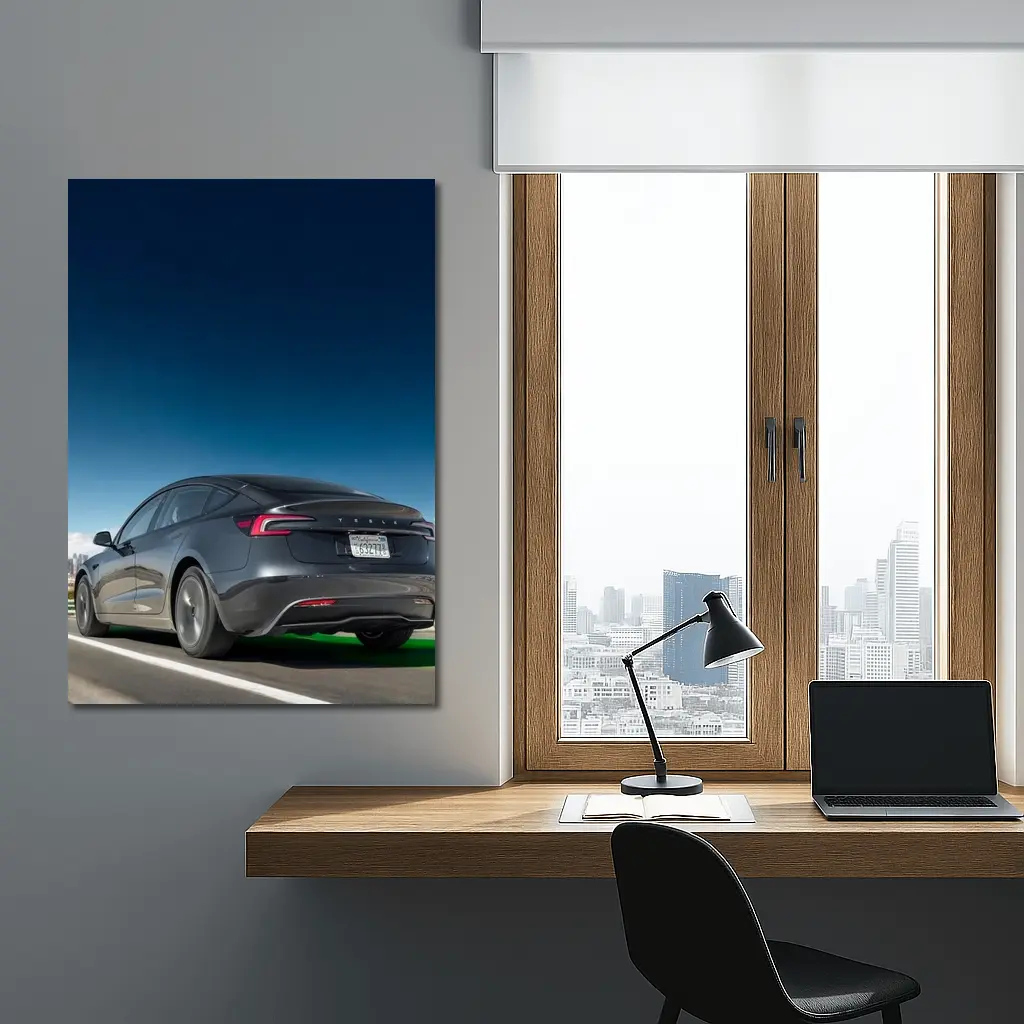 Tesla Model 3 Gray on City Highway – Wall Art