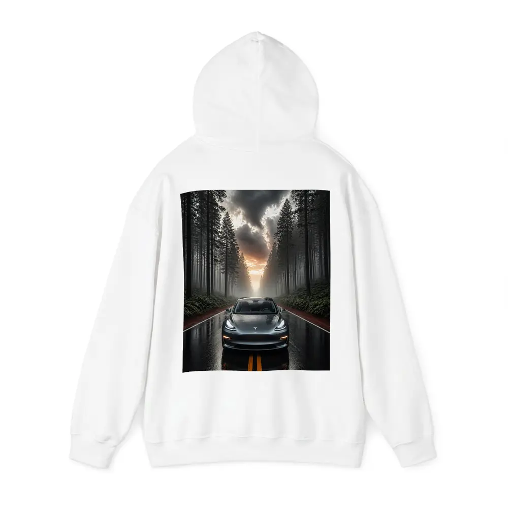 Tesla Model 3 On Rainy Forest Road – Hoodies