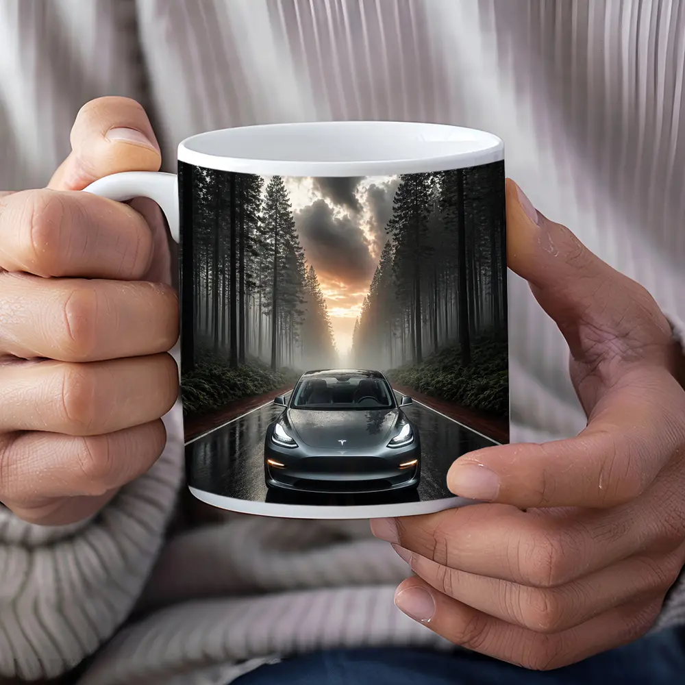 Tesla Model 3 On Rainy Forest Road – Mugs