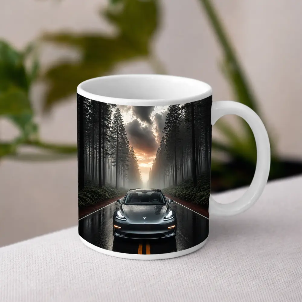 Tesla Model 3 On Rainy Forest Road – Mugs