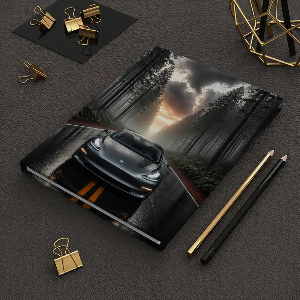 Tesla Model 3 On Rainy Forest Road – Notebooks