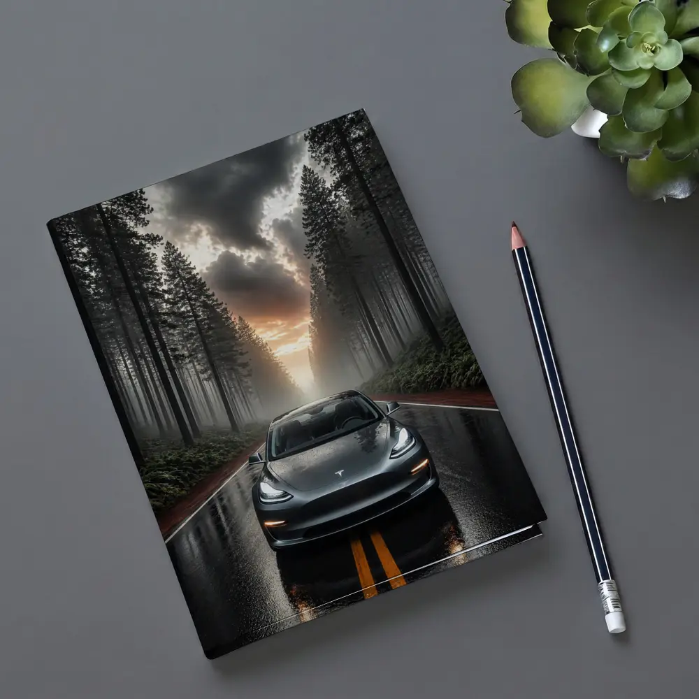 Tesla Model 3 On Rainy Forest Road – Notebooks