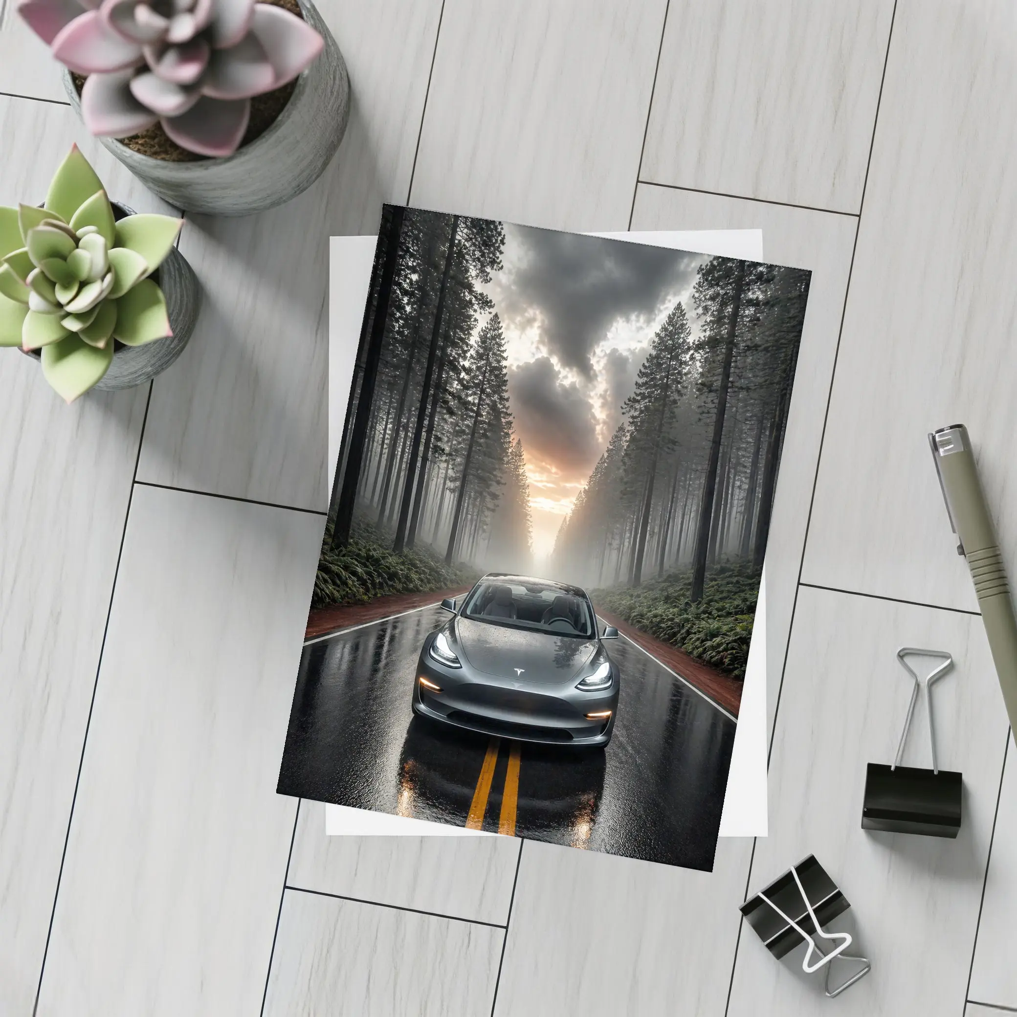 Tesla Model 3 On Rainy Forest Road – Postcards