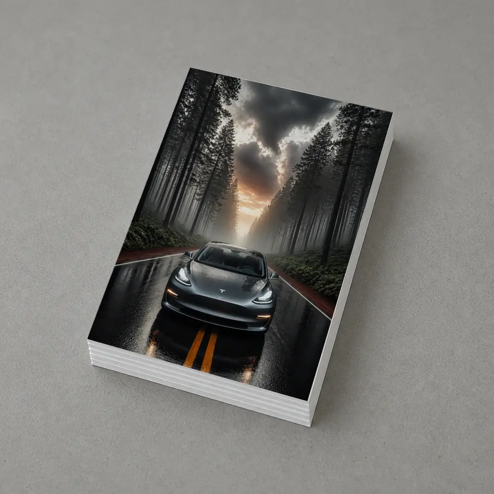 Tesla Model 3 On Rainy Forest Road – Postcards