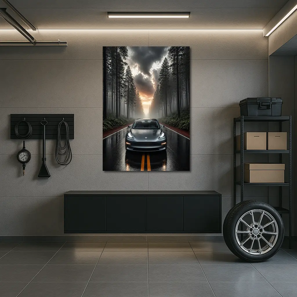 Tesla Model 3 On Rainy Forest Road – Wall Art