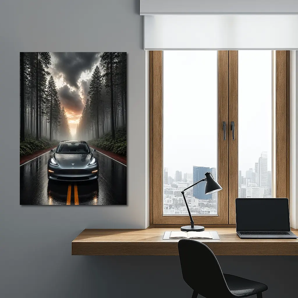 Tesla Model 3 On Rainy Forest Road – Wall Art